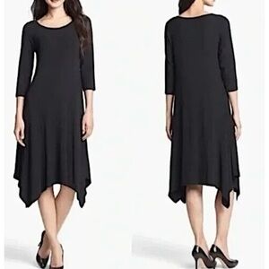 Eileen Fisher Black Jersey Knit 3/4 Sleeve Dress XS Handkerchief Hem
